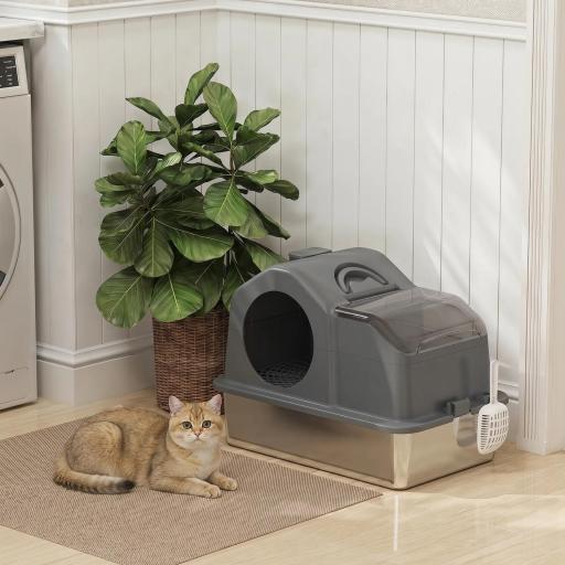 Arenero para Gatos Cubierto con Bandeja de Acero Inoxidable Tapa Extraíble Bordes Altos Fácil de Limpiar Gris Oscuro [7]