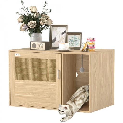 Mueble Arenero para Gatos Caja de Arena para Gatos con Almohadilla para Rascar y Puerta de Ratán 80x50x50 cm Roble [8]