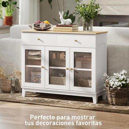 Aparador para Salón Moderno con 3 Puertas de Vidrio Estriado 2 Cajones y Estantes Ajustables 100x35x80,3 cm Blanco [2]