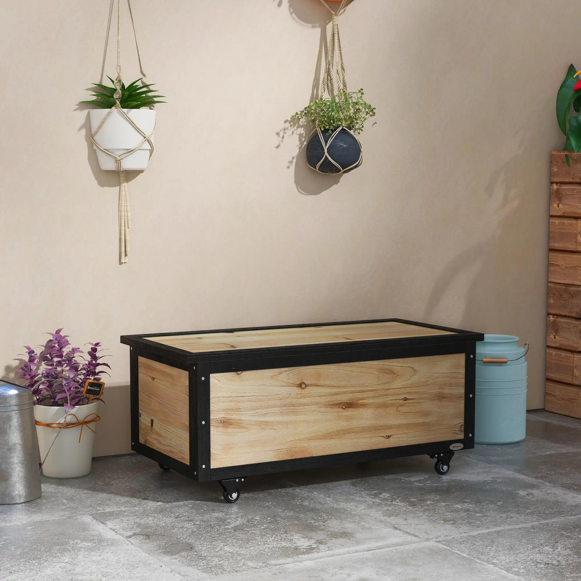 Baúl de Exterior de Madera con 4 Ruedas para Jardín Patio Balcón 100x50x43 cm Natural y Negro