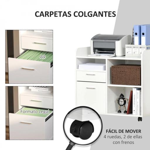 Armario para Impresora con 3 Compartimentos 2 Cajones para Archivos Estante Ajustable Ruedas 80x40x72 cm Blanco [6]