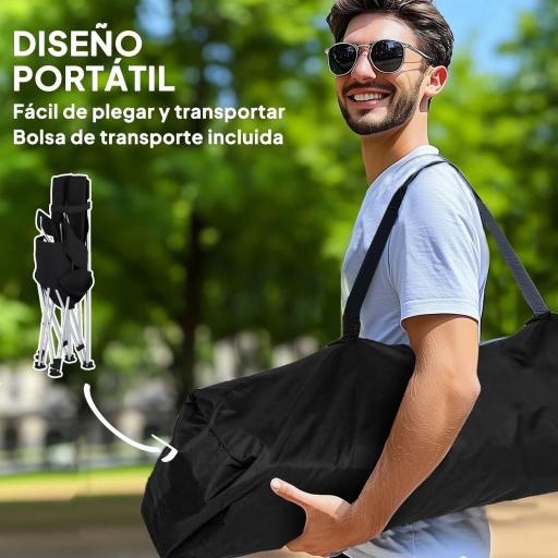 Conjunto de 2 Sillas Plegables Camping con Reposapiés Desmontable Reposacabezas Portavasos y Bolsa 125x48x90 cm Negro [3]