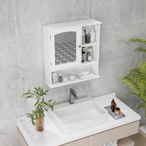 Armario de Baño con Espejo de Gran Almacenaje Armario Montado en la Pared con Estante Ajustable Interior y Estantes Abiertos 60x18x63 cm Blanco [5]