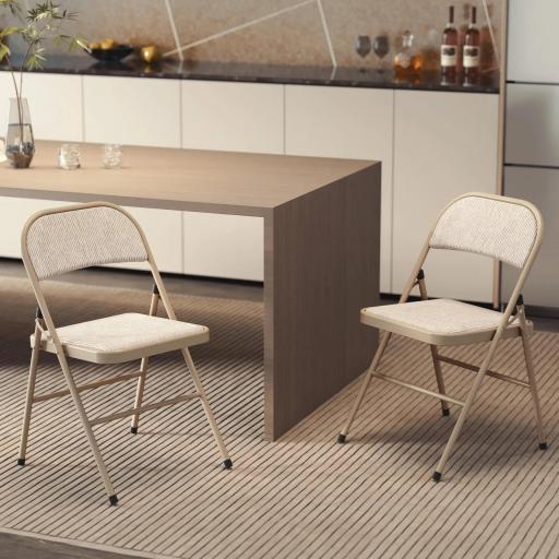 Juego de 2 Sillas Plegables Tapizadas en Lino Sintético con Respaldo y Estructura de Acero para Salón 45x46x78 cm Beige [2]