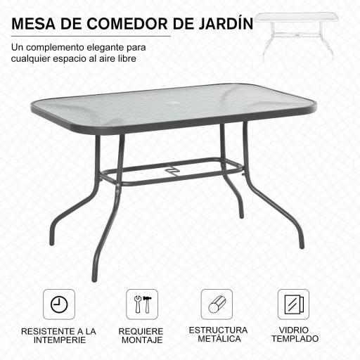 Mesa de Jardín Exterior Rectangular de Metal Bordes Curvos con Orificio para Sombrilla Capacidad 70kg Vidrio Templado 120x80x70 cm Gris Carbón [2]