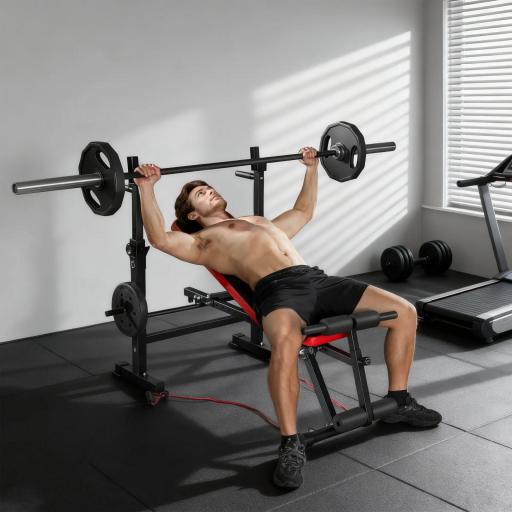 Banco de Musculación Carga 420 kg con Soporte para Barra y Respaldo Ajustable para Entrenamiento en Casa Gimnasio