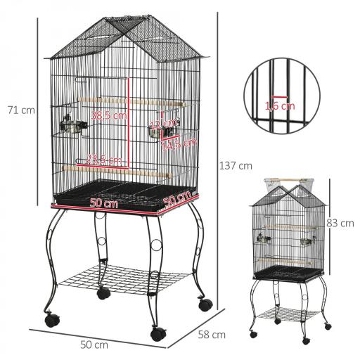 Jaula de Pájaros con Soporte Ruedas Bandeja Extraíble y Comederos para Canarios Periquitos 50x58x137-145 cm Negro [1]