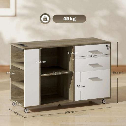 Mueble Archivador con Ruedas 3 Cajones Estación de Carga Cerradura y Estantes 100x40x65,5 cm Marrón Grisáceo [1]