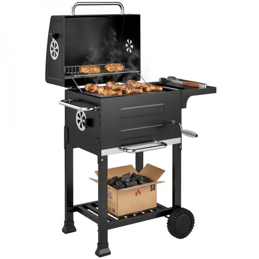 Barbacoa de Carbón Portátil con Parrilla de Acero Inoxidable Estante Lateral Termómetro Bandeja y Ruedas Negro [9]