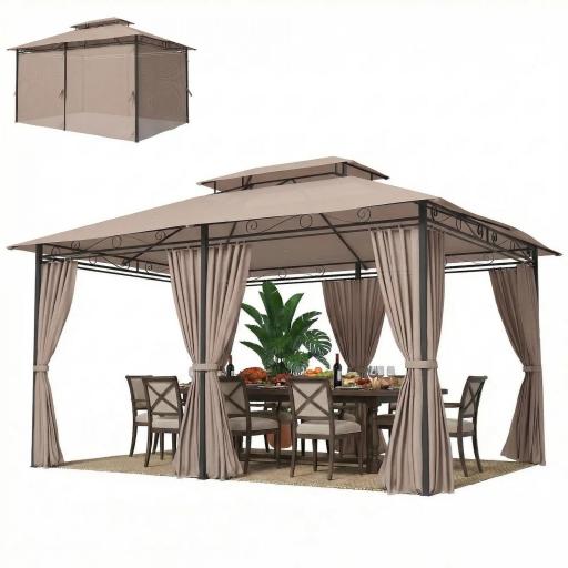 Cenador para Jardín 3x4 m Pabellón de Jardín Gazebo con Doble Techo 6 Paredes Laterales Estructura Metálica Caqui [9]