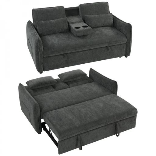 Sofá Cama 2 Plazas 3 en 1 con Mesa Auxiliar Portavasos Respaldo Ajustable Bolsillos Laterales 2 Almohadas Gris Oscuro [9]