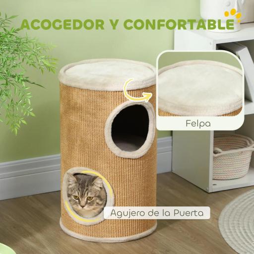 Barril Rascador para Gatos de 2 Niveles Torre Rascador para Gatos con 2 Cuevas y Cubierta de Sisal Ø35x60 cm Marrón [3]