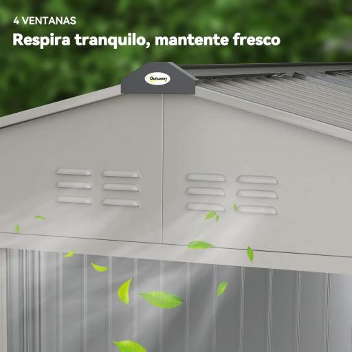 Cobertizo de Jardín 4,9 m² 277x195x192 cm con 2 Puertas Corredizas Techo Inclinado y 4 Ventanas Gris Plata [6]