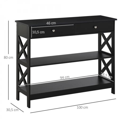 Mesa Consola de Entrada Recibidor con 2 Cajones y 2 Estantes Inferiores Mueble Moderno Base Elevada Antivuelco 100x30,5x80 cm Negro [1]