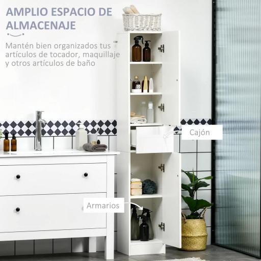 Columna de Baño con 1 Cajón y 5 Estantes Abiertos Mueble Auxiliar de Baño Estilo Moderno 30x28x170 cm Blanco [8]