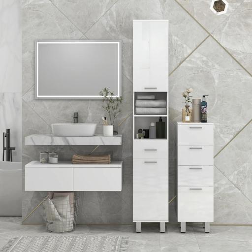 Mueble Auxiliar Baño Moderno Armario de Baño con 4 Cajones y 4 Patas para Salón Carga 30 kg 30x30x93cm Blanco Brillante [3]