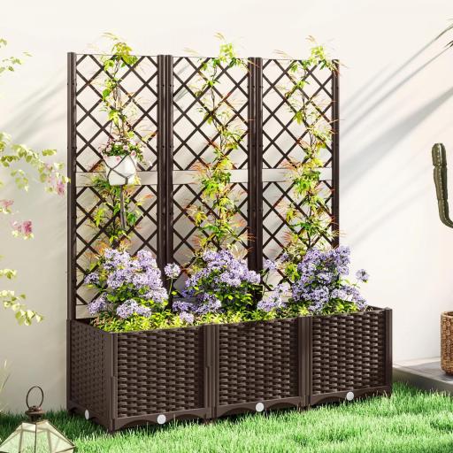 Jardinera con Enrejado de Plástico para Plantas Trepadoras con Drenaje y Amplio Espacio de Cultivo 120x40x135 cm Marrón