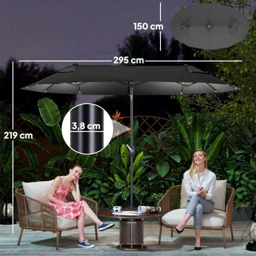 Sombrilla de Jardín Doble 295x150x219 cm con Luces LED Solares Toldo con Inclinación Ajustable y Manivela Manual Gris [3]