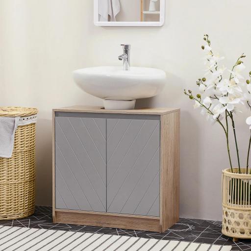 Mueble para Debajo del Lavabo Armario de Baño de Suelo con Puerta Doble y Estante Ajustable 60x30x59,8 cm Roble y Gris [4]