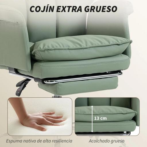 Silla de Escritorio con Reposapiés Respaldo Reclinable Alto Acolchado Grueso Tapizada en Cuero Sintético Ruedas Verde [3]