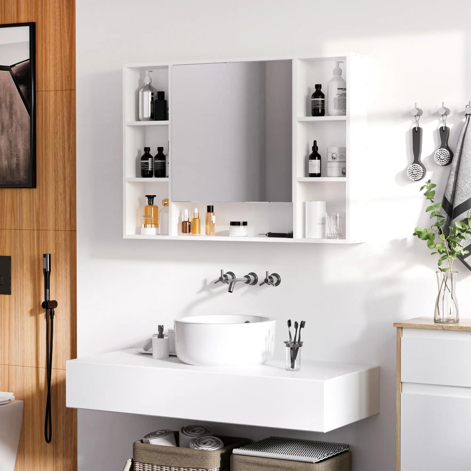 Armario de Baño de Pared con Espejo Puerta Estantes Abiertos 100x15x70 cm Blanco