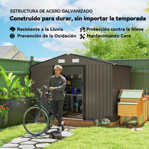 Cobertizo de Jardín 4,9 m² 277x195x192 cm con 2 Puertas Corredizas Techo Inclinado y 4 Ventanas Marrón [3]
