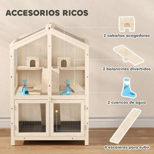 Jaula para Hámster de Madera de 3 Niveles con Bebederos Casetas Balancines Bandeja Extraíble y Tapas Abatibles Natural [5]