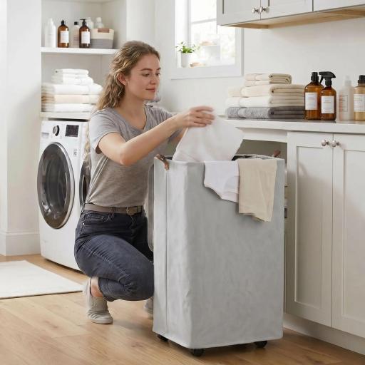Cesto de Ropa Sucia con Tapa y Ruedas 50L Cesta de Ropa Sucia Plegable con Bolsa con Cordón Extraíble 40x30x65 cm Gris [0]