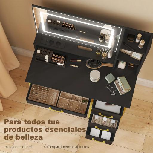 Tocador de Maquillaje con Espejo Luces LED Estación de Carga Taburete Estación de Carga 4 Cajones Negro [6]