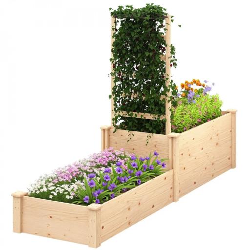 Jardinera Elevada con Celosía de Madera para Plantas Trepadoras y 2 Cajas de Cultivo 222x63x132 cm Natural [9]