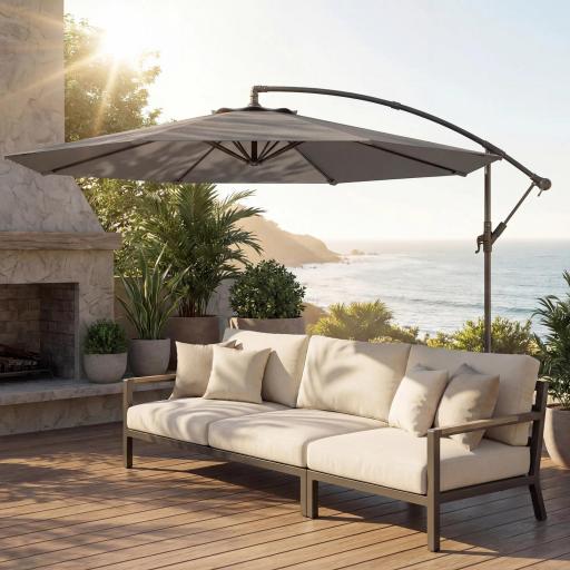 Parasol Excéntrico Ø300 cm con Base Cruzada Toldo Ajustable y Manivela UPF30+ para Terraza Patio Gris [5]