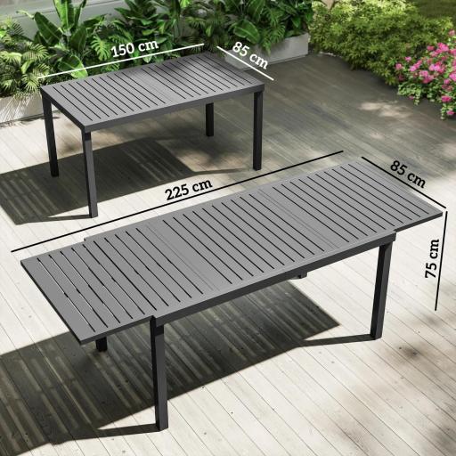 Mesa de Jardín Extensible 150/225x85x75 cm Mesa de Comedor de Aluminio con Tablero de Listones para 6-8 Personas Gris [6]