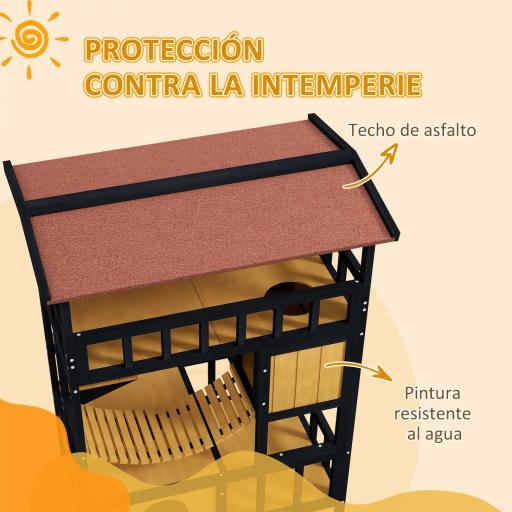 Casa para Gatos de 4 Niveles 84x60x116 cm Refugio para Gatos con Puente Colgante Balcón y Techo Asfáltico Natural [4]