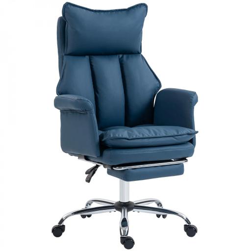 Silla de Escritorio con Reposapiés Respaldo Reclinable Alto Acolchado Grueso Tapizada en Cuero Sintético Ruedas Azul [9]