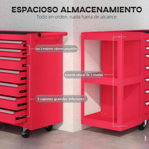 Carro de Herramientas con 7 Cajones Estantería de 3 Niveles Desmontable Sistema de Cierre Central Asa Rojo [6]