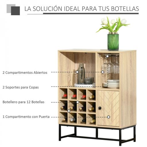 Aparador de Cocina con Botellero para 12 Botellas y Soporte de 6 Copas de Vino 76x35x97 cm Madera Natural [2]