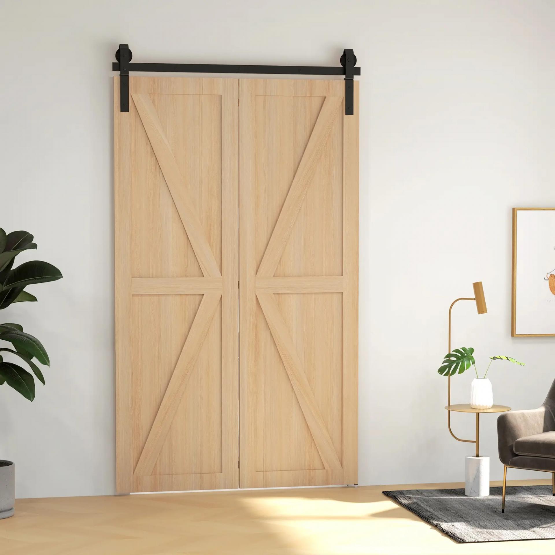 4FT/122CM Herrajes para Puerta Corredera Plegable para 2 Puertas con Riel para Granero Negro