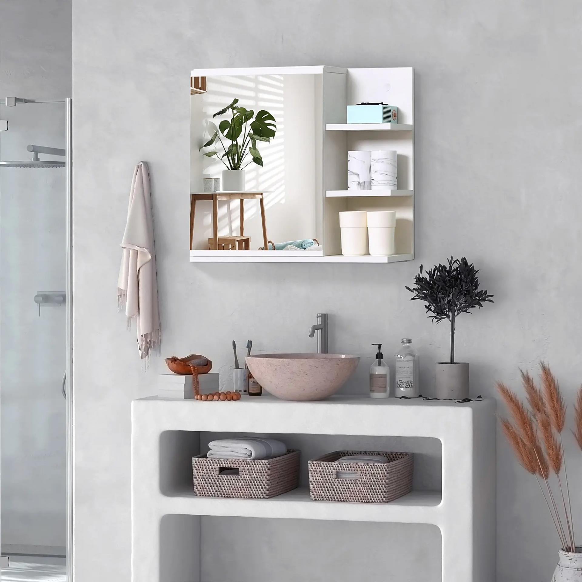 Armario con Espejo para Baño con 3 Estantes Abiertos y 1 Estante Interior Estilo Moderno 60x18x50 cm Blanco