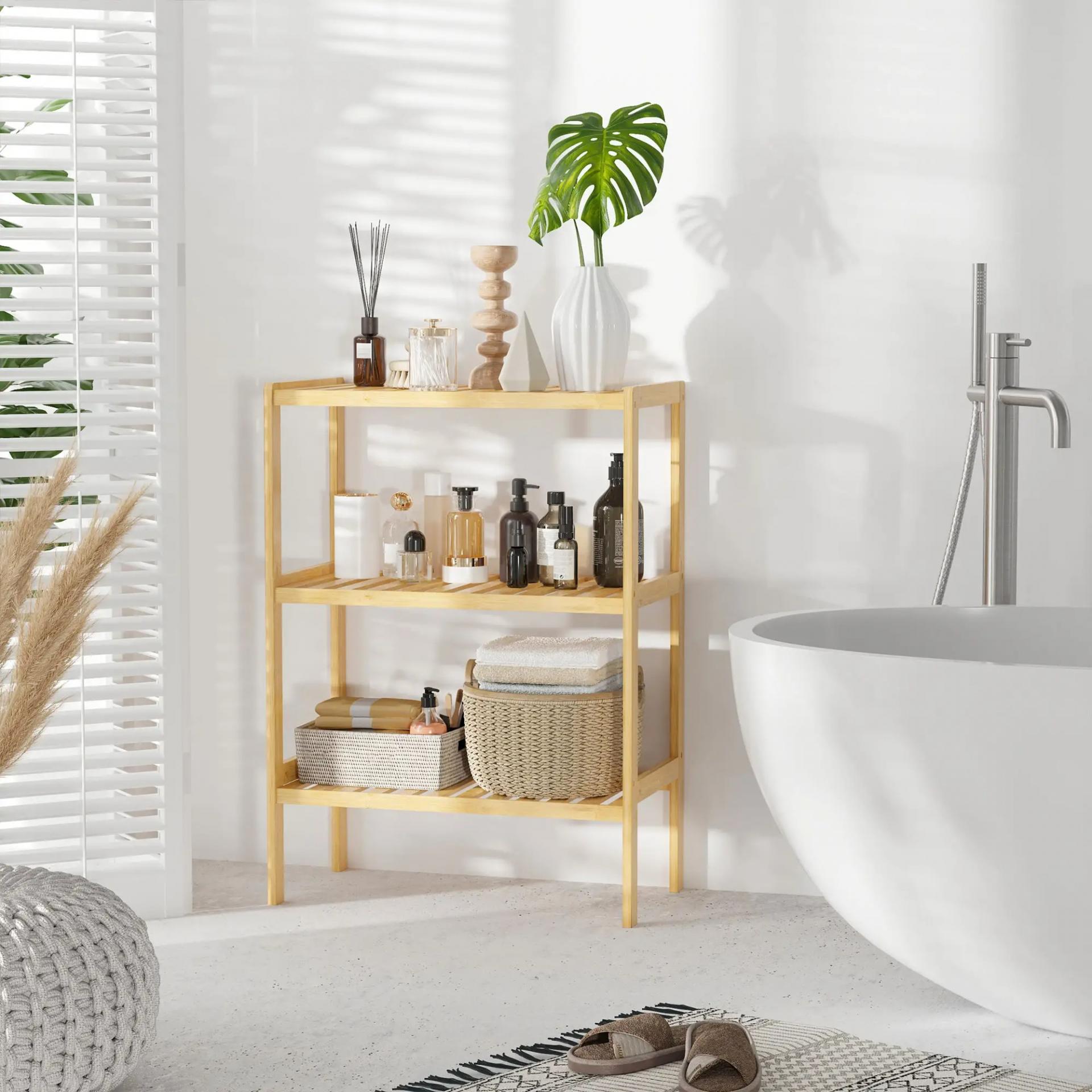 Estantería de Bambú de 3 Niveles Estantería de Pie Moderno Estante de Almacenamiento para Baño Cocina Salón Dormitorio Antivuelco 62x33x80 cm Natural