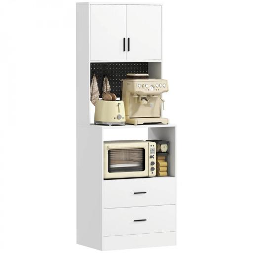 Mueble Auxiliar de Cocina con Soporte para Microondas 2 Cajones 2 Puertas y Panel Perforado de Metal Blanco [6]