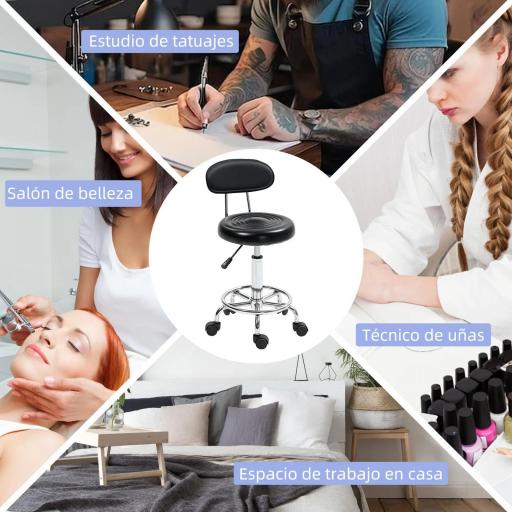 Taburete Giratorio con Respaldo y Ruedas Silla Ajustable para Salones de Belleza Estudio de Tatuajes 32x40x70-86cm Negro [1]