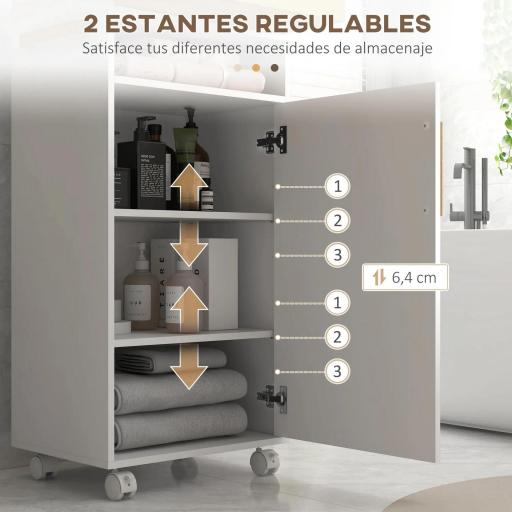 Armario de Baño Moderno con Estantes Ajustables Armario Bandeja Extraíble y Ruedas 40x30x88 cm Blanco y Roble [3]