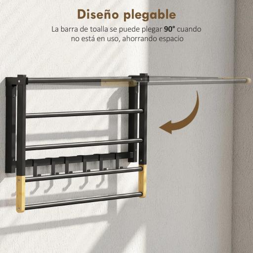 Toallero de Baño de Pared Toallero Plegable con 5 Barras y 6 Ganchos para Toallas Baño 60 cm Negro [7]