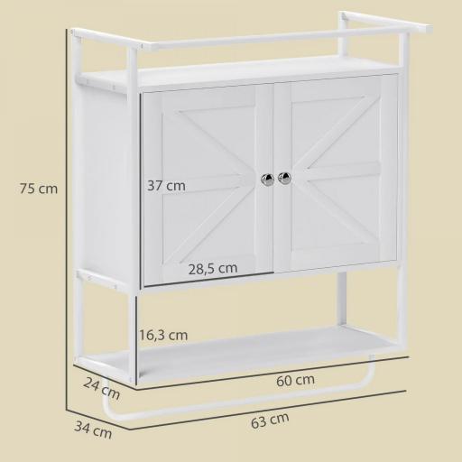 Armario de Pared para Baño Mueble de Baño Suspendido con 2 Puertas Estante Toallero 63x34x75 cm Blanco [1]