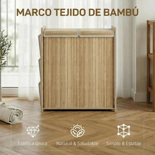 Cesto de Ropa Sucia de Bambú con Tapa 120L con 2 Bolsas con Cordón Extraíbles y Lavables Bolsillos Laterales Natural [5]