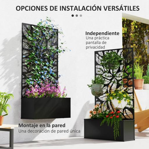 Jardinera Elevada con Panel de Privacidad de Hojas Decorativas de Metal y Opción de Montaje en Pared 61x23x113 cm Negro [3]