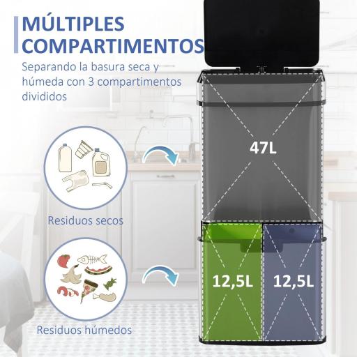 Papelera de Cocina 72L con Sensor Detector de Movimiento Apertura Automático y 3 Compartimentos 42x30x81 cm Gris [4]