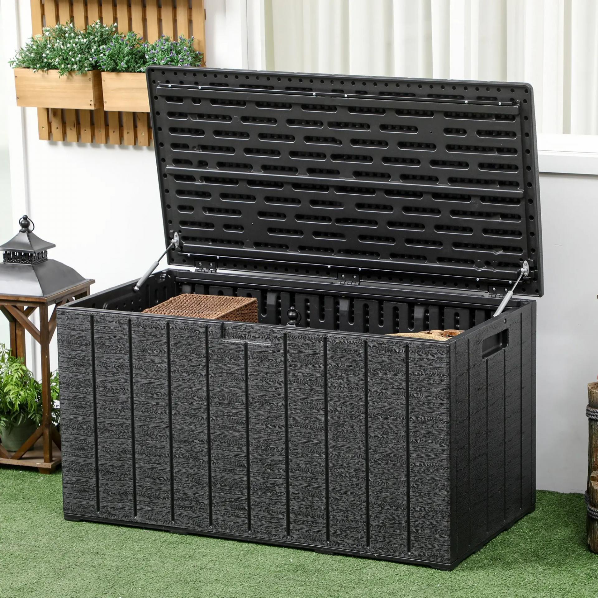 Baúl de Exterior 366L Arcón para Jardín de Plástico de Doble Pared con Ruedas y Asas 122,4x62x64,5 cm Negro