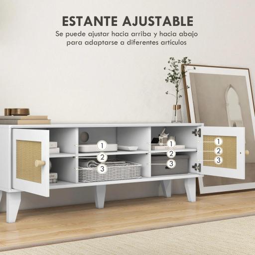Mueble de TV de Salón Mesa para Televisores de hasta 55" con 2 Puertas de Ratán Estante Ajustable 120x35x46 cm Blanco [5]