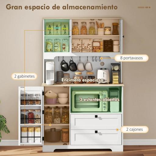 Alacena de Cocina con 3 Puertas 2 Cajones 3 Estantes en la Puerta 8 Ganchos Encimera Amplia Blanco [3]
